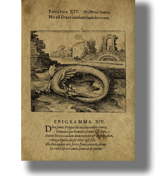 Vintage-style ouroboros illustration with a snake eating its tail, old engraved page layout, alchemy and esoteric wall decor