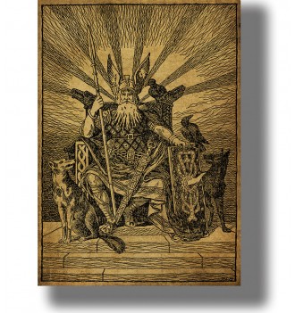 Vintage-style illustration of Odin seated on a throne with wolves Geri and Freki and ravens Huginn and Muninn,