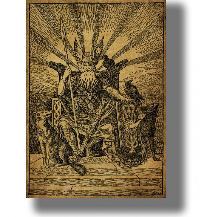 Vintage-style illustration of Odin seated on a throne with wolves Geri and Freki and ravens Huginn and Muninn,