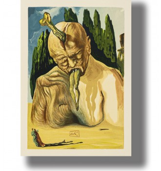 Surrealist illustration by Salvador Dalí from The Divine Comedy series, showing a grotesque devil figure in a barren landscape