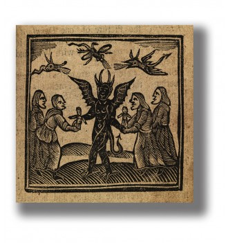 Vintage black-and-white occult illustration of a horned devil with women and wax dolls, old woodcut-style dark ritual scene