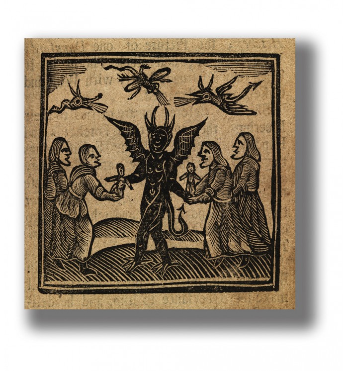 Vintage black-and-white occult illustration of a horned devil with women and wax dolls, old woodcut-style dark ritual scene