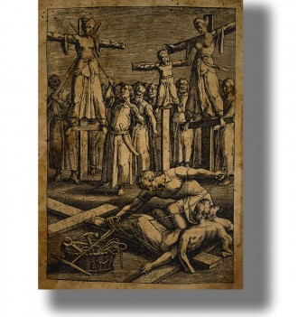 Old black-and-white style image showing a brutal medieval punishment scene with people on crosses and a crowd watching.