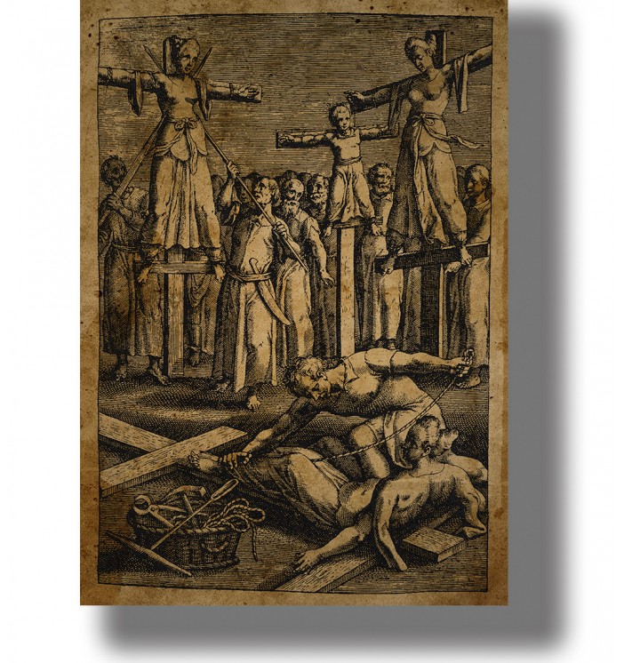 Old black-and-white style image showing a brutal medieval punishment scene with people on crosses and a crowd watching.