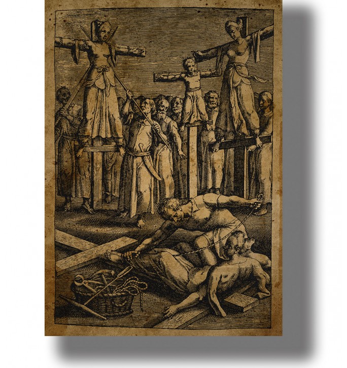 Old black-and-white style image showing a brutal medieval punishment scene with people on crosses and a crowd watching.