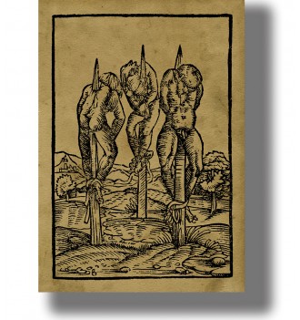Old black and white medieval illustration showing three men impaled on wooden stakes in an open landscape.