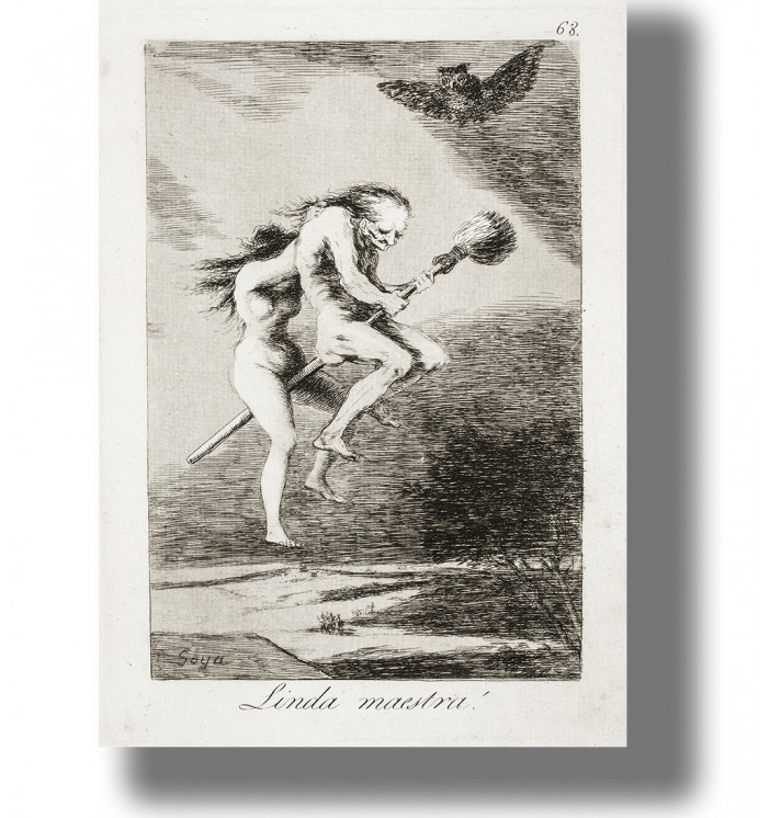 Old black and white print by Francisco Goya showing two witches flying on a broomstick in the night sky.