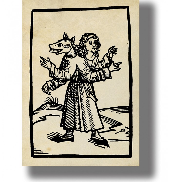 Medieval-style woodcut showing a werewolf with a human body and animal head.