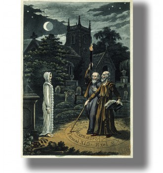 Old illustration of John Dee and Edward Kelley performing a ritual in a graveyard at night.