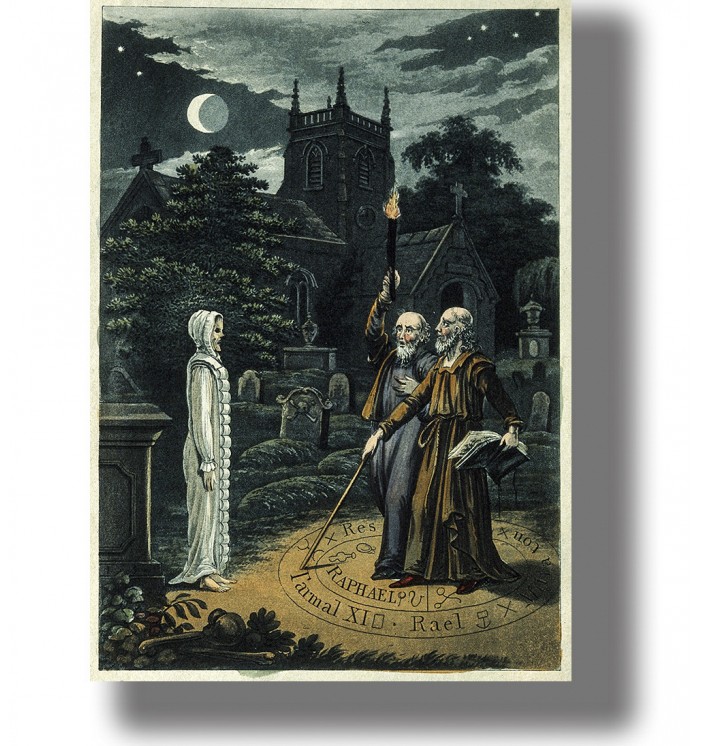 Old illustration of John Dee and Edward Kelley performing a ritual in a graveyard at night.