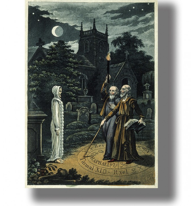 Old illustration of John Dee and Edward Kelley performing a ritual in a graveyard at night.
