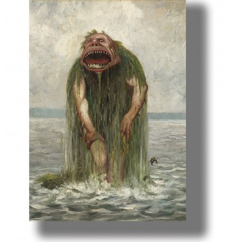 Painting of a grotesque troll-like creature rising from the water with a wide open mouth and hanging green hair.