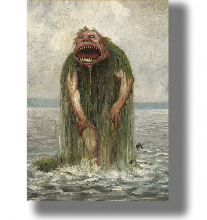 Painting of a grotesque troll-like creature rising from the water with a wide open mouth and hanging green hair.