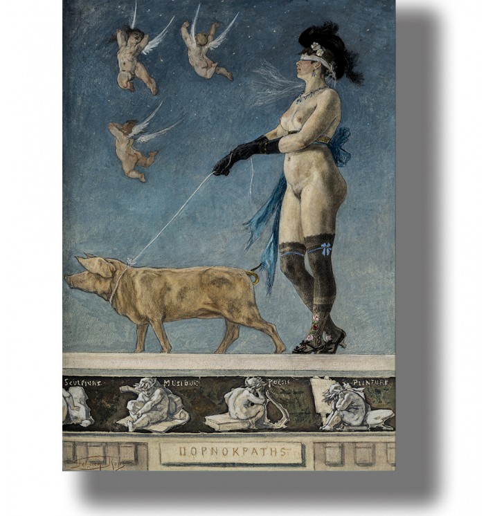 Symbolist image of a nude blindfolded woman in stockings walking a pig on a leash beneath small cherubs.