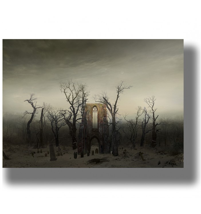 Moody landscape painting of a ruined Gothic abbey standing among bare oak trees in a snowy cemetery.