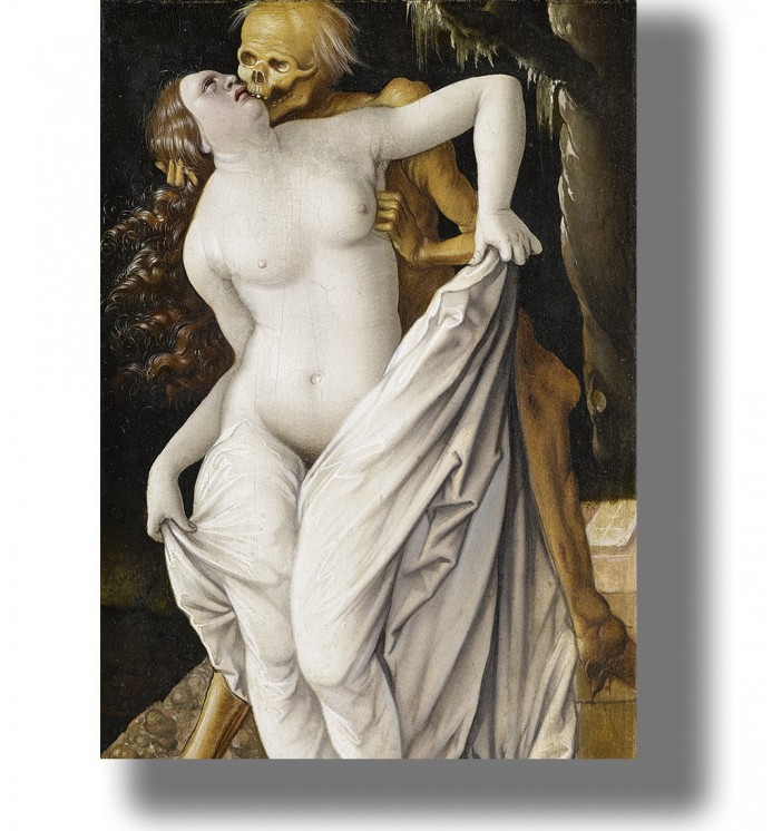 Painting of a nude maiden embraced by Death as a skeleton figure leans toward her in a dark intimate scene.