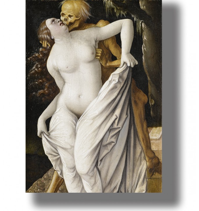 Painting of a nude maiden embraced by Death as a skeleton figure leans toward her in a dark intimate scene.