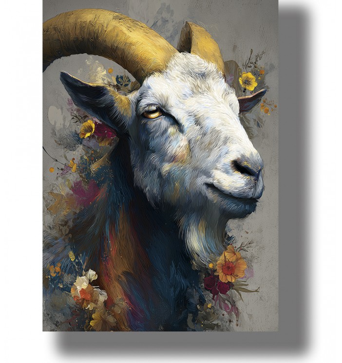 Portrait of a horned goat with flowers in a dark decorative style.