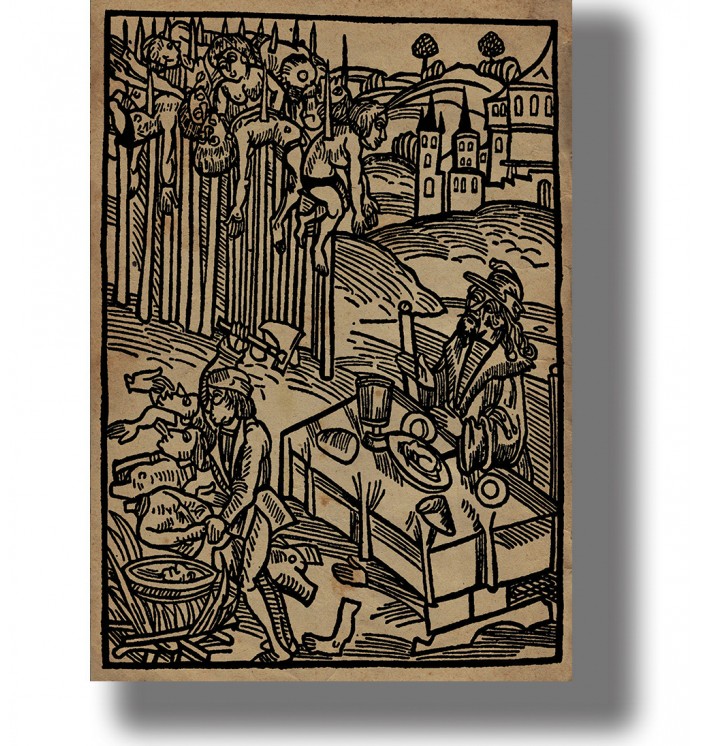 Old woodcut showing Vlad the Impaler dining at a table while impaled bodies stand nearby.