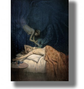 Dark illustration showing a sleeping nude woman while a giant claw-like hand reaches toward her chest.
