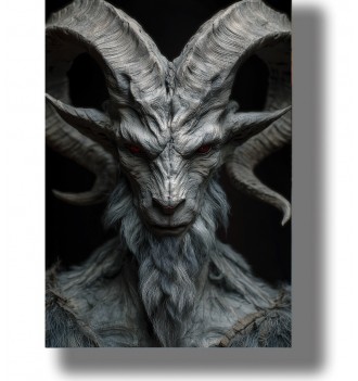 Portrait of Cernunnos with large horns, white skin, red eyes, and a dark mystical background.