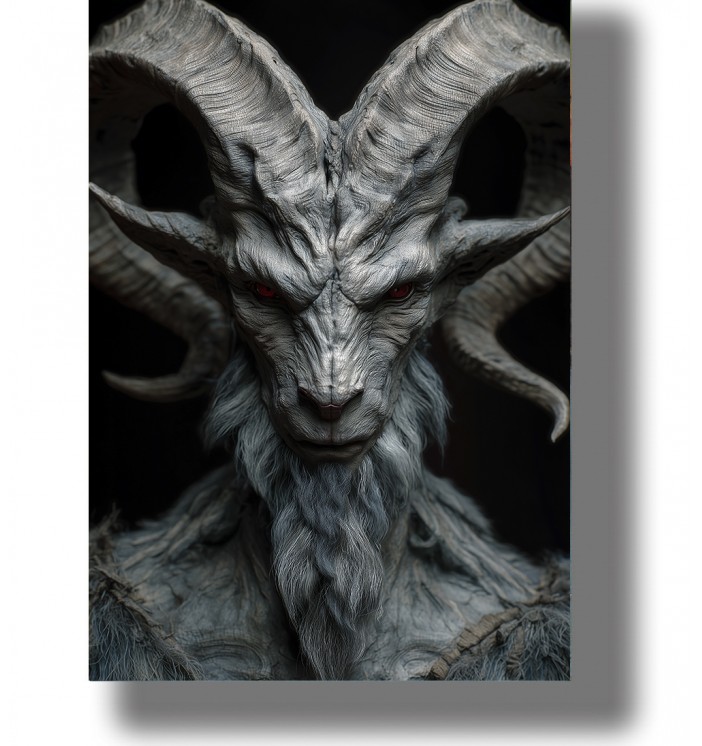 Portrait of Cernunnos with large horns, white skin, red eyes, and a dark mystical background.