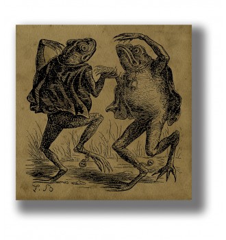 Vintage illustration of two strange frogs standing on two legs and dancing together.