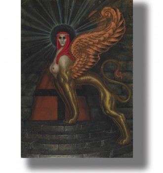 Symbolist painting with a winged sphinx figure, a red hood, and a dark sealed doorway.