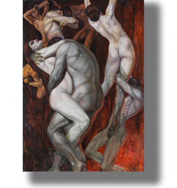 Infernal artwork showing several nude figures in a dramatic scene of suffering and damnation.