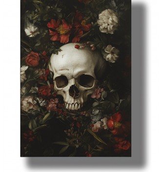 Dark floral illustration with a human skull placed among flowers and leaves.