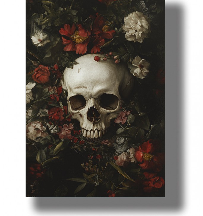 Dark floral illustration with a human skull placed among flowers and leaves.