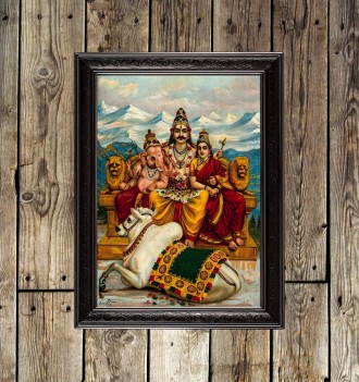 Shiva, Parvati and Ganesha enthroned on Mount Kailas.