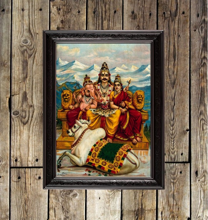 Shiva, Parvati and Ganesha enthroned on Mount Kailas.