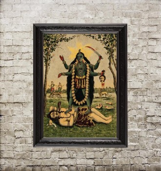 Kali standing triumphantly over Shiva. Hindu art print.