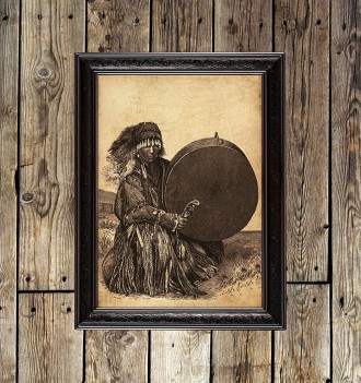 Mongolian shaman with drum. Ethnic Art Print.