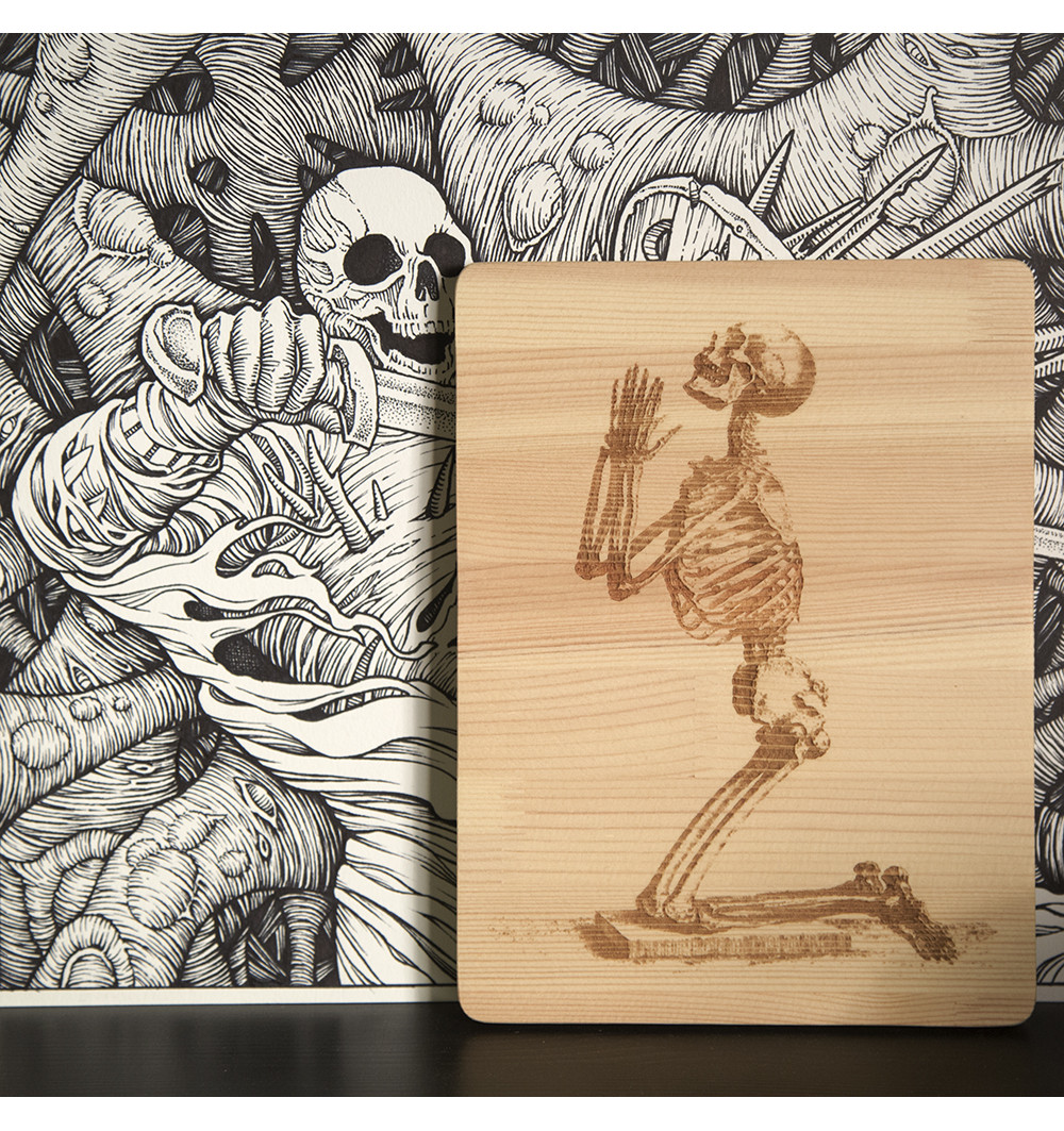 A praying skeleton. Engraving of an ancient image.